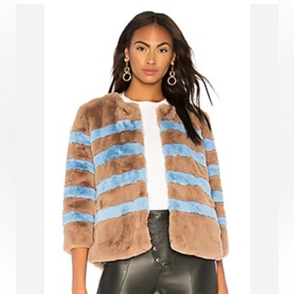 Kule The Bailey Striped Faux Fur Jacket Size L blue and brown excellent cond - Picture 1 of 8